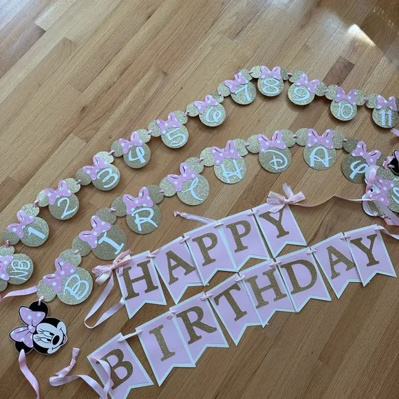 TWO Happy 1st Birthday Banners + month pic banner Minnie pink gold - Picture 1 of 7